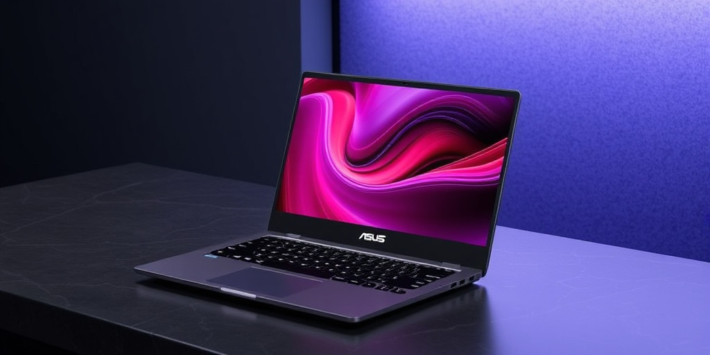 Laptop Asus VivoBook 15 X515 màu bạc, đặt trên bàn làm việc với chuột không dây và cốc cà phê.