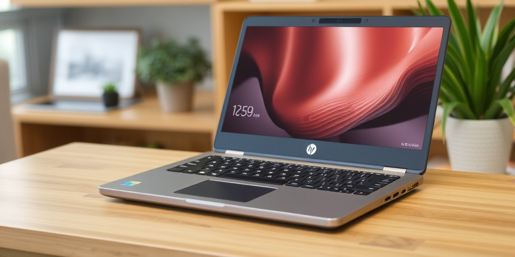 Laptop HP 15s-fq2033TU màu bạc, đặt trên bàn gỗ với nền mờ.