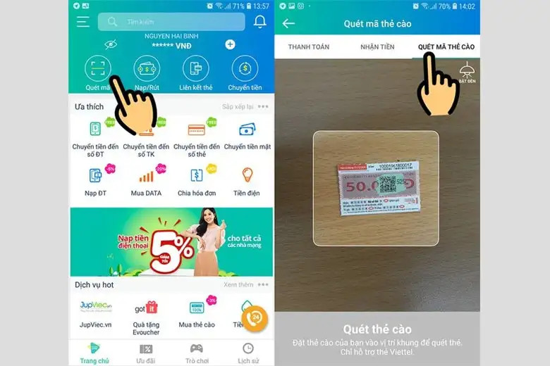 Nạp thẻ Viettel bằng mã QR