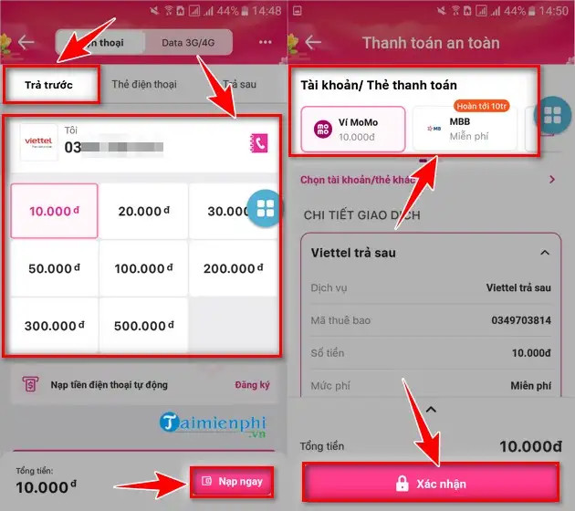 Nạp thẻ Viettel qua ví MoMo